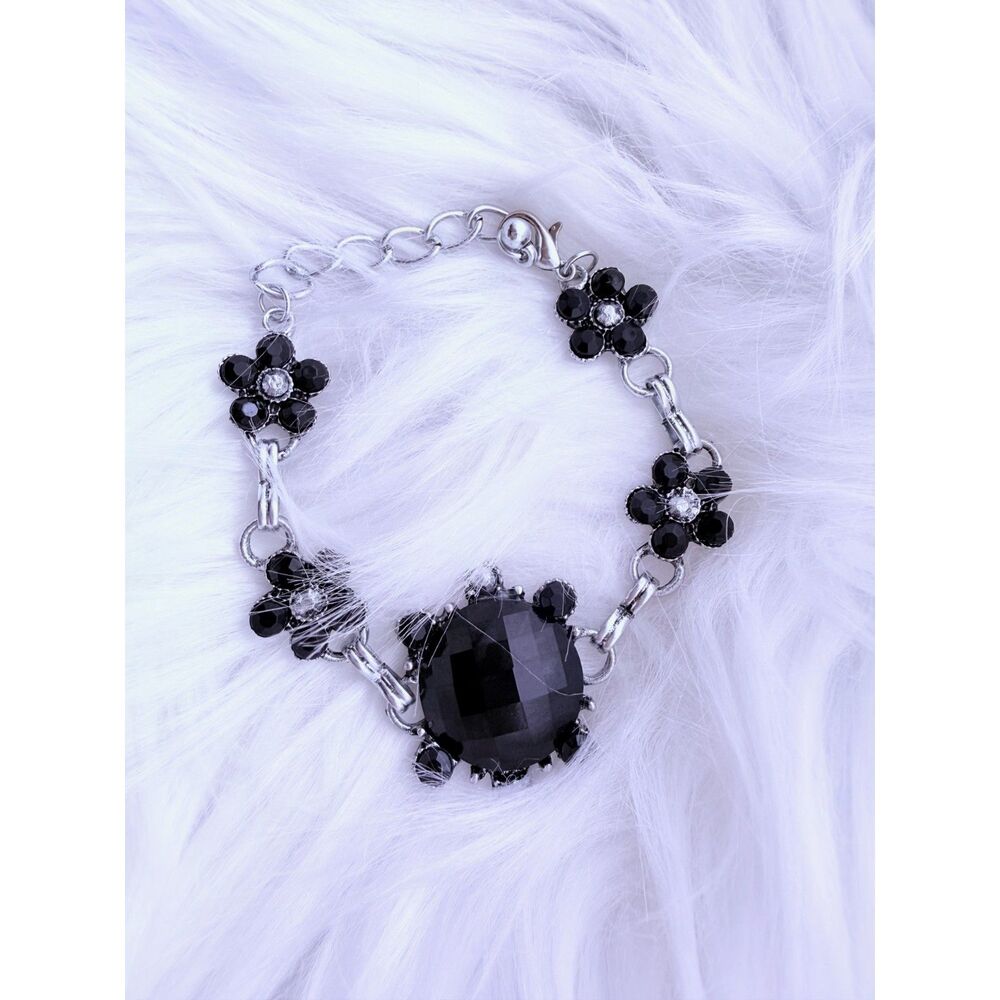 Vintage Black Resin Flower Bracelet 7.5" Faceted Stone Link Chain